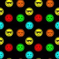 Emoticons smile faces vector seamless pattern. Different emoji icons in pixel art on black background. Cool in sunglasses, broodin